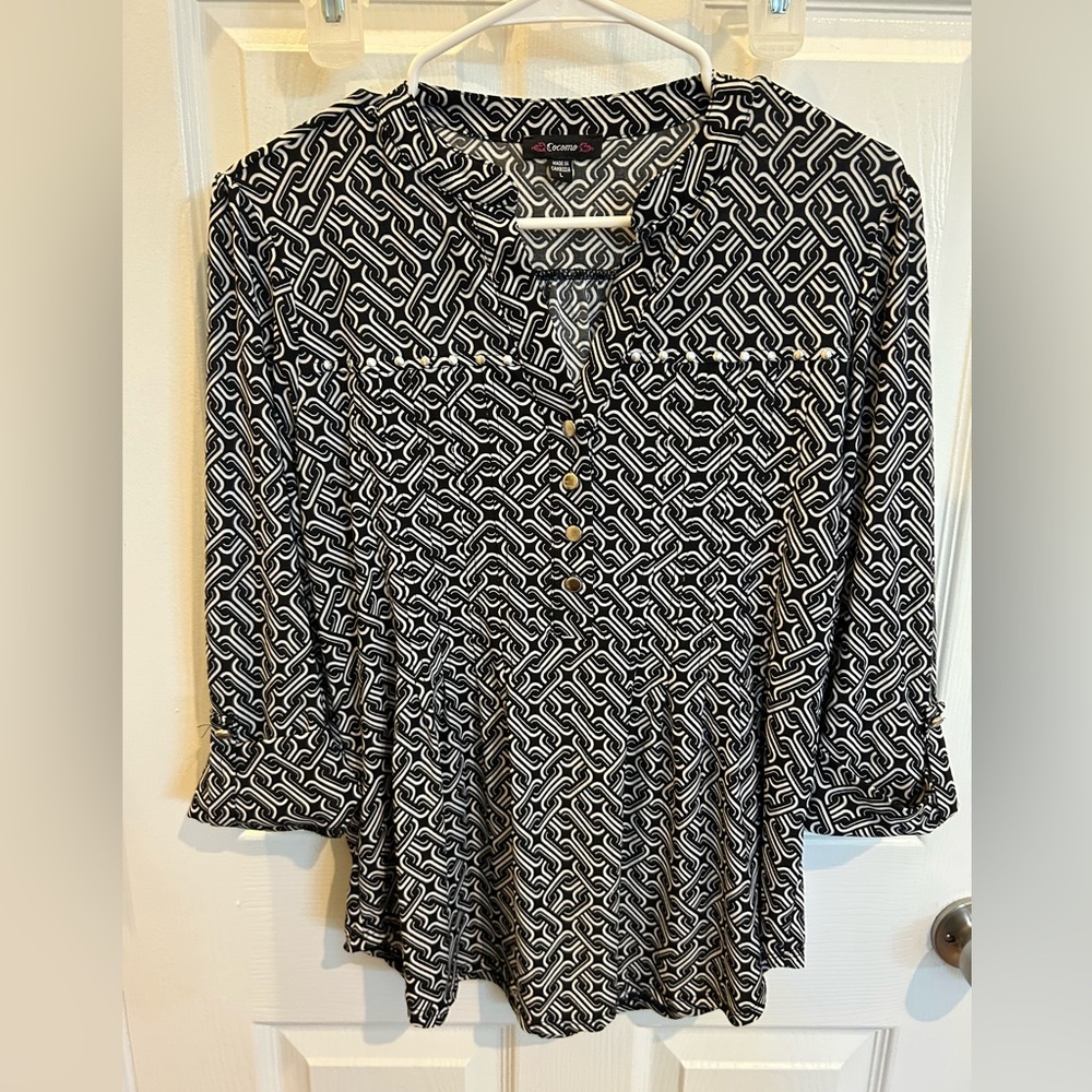 Black and White Roll-Tab V-neck Blouse with Silver Button Detail